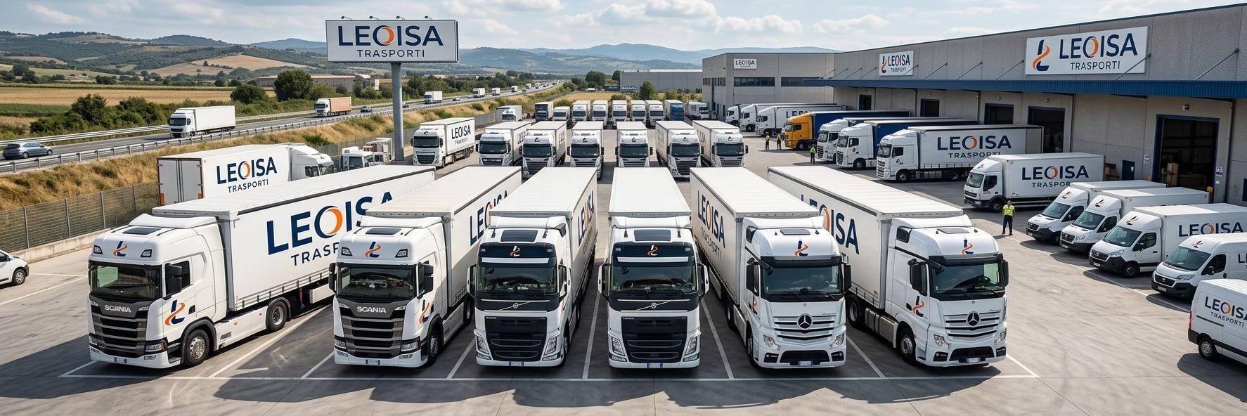Camion e furgoni Leoisa Trasporti parcheggiati davanti al magazzino